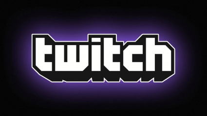 Le mot Twitch est écrit en blanc avec des contours noir et une petite surbrillance violette sur un fond noir